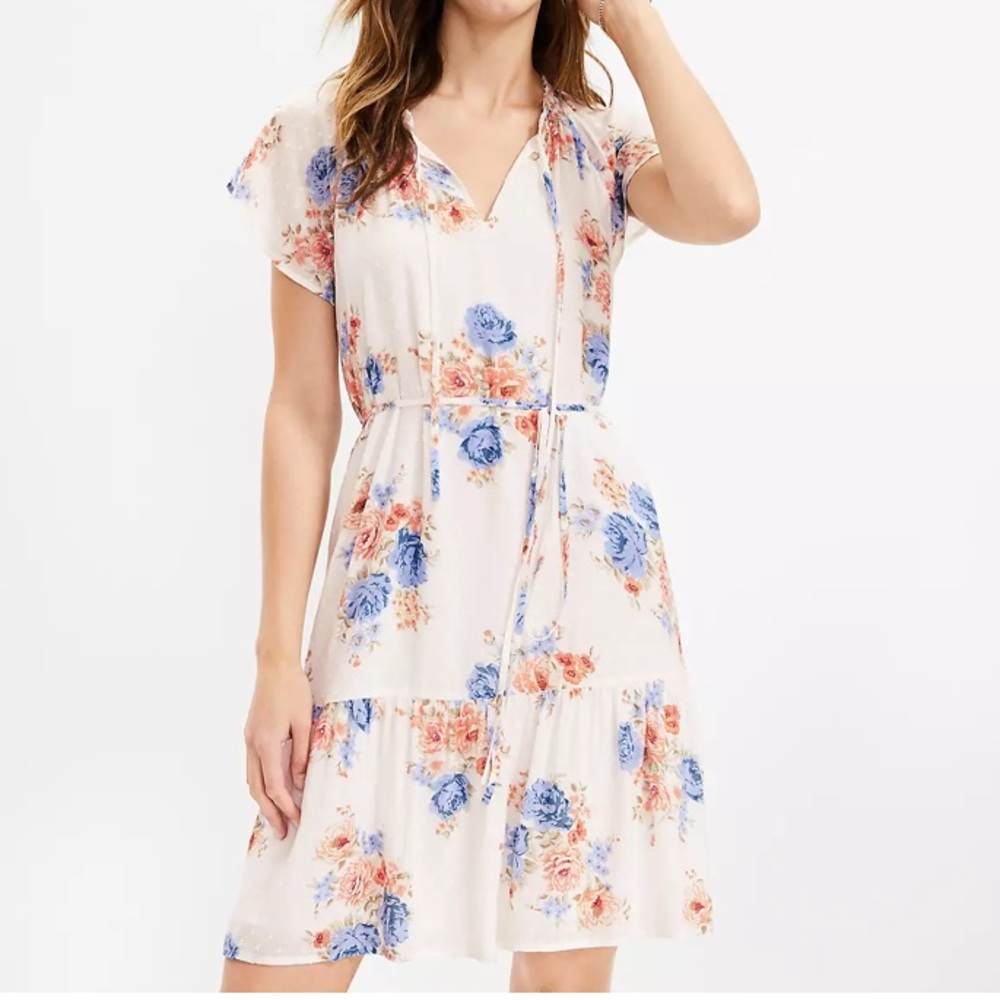 LOFT Floral Flutter Tie-Neck Dress – Size L